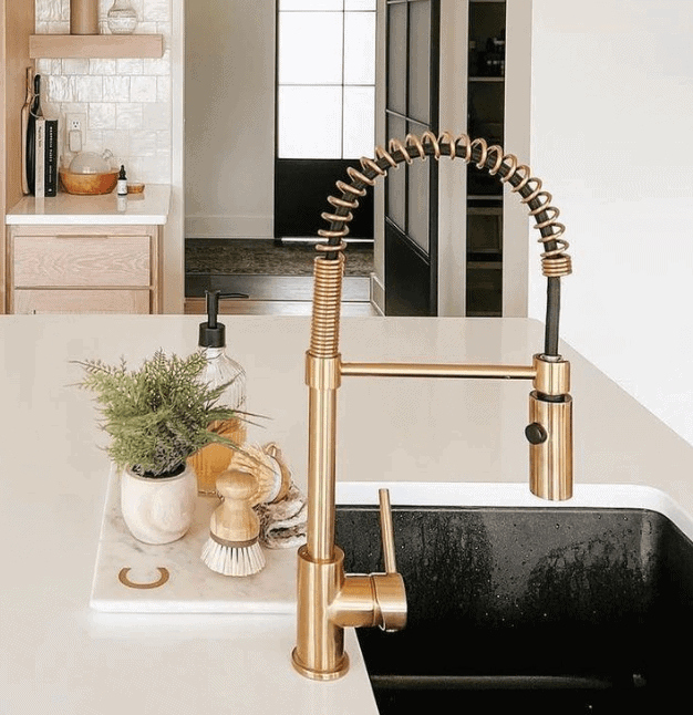 gold pre rinse faucet in kitchen