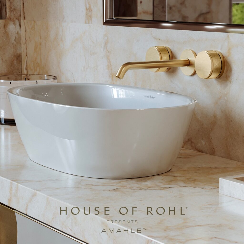 Rohl bathroom wall mount faucet with white vessel sink